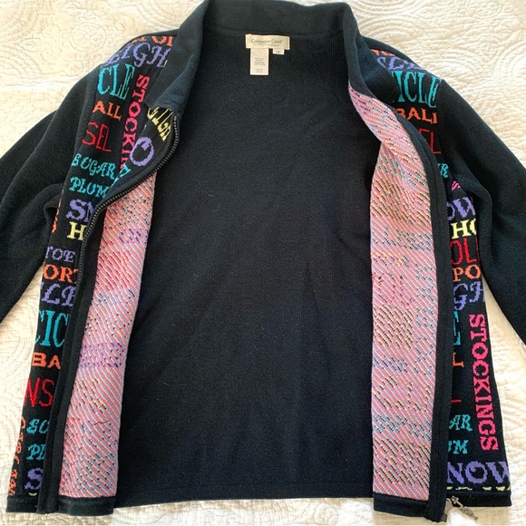 Coldwater Creek Cardigan Sweater Black Christmas 100% Cotton Spell Out Holiday L - Picture 8 of 12